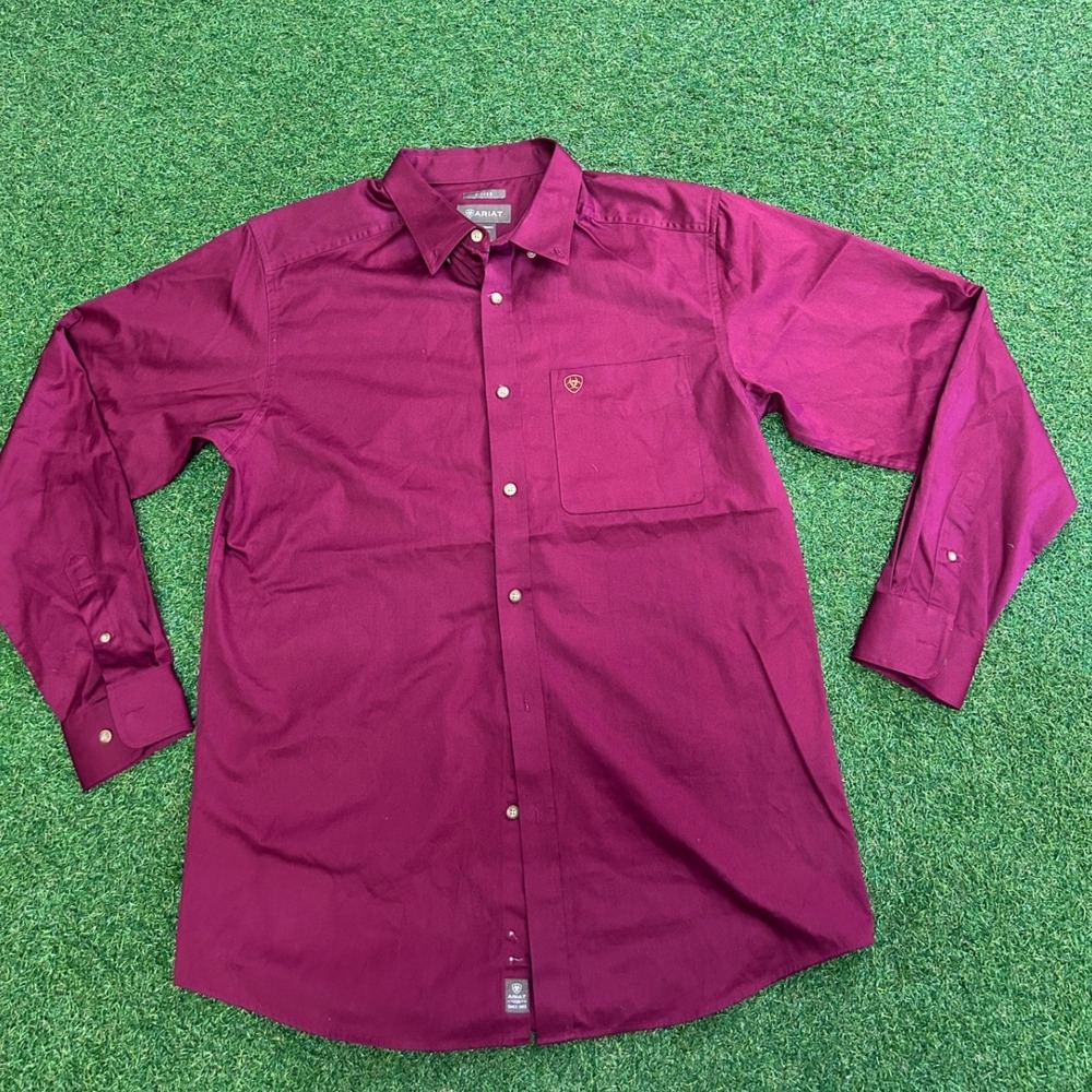 Ariat Mens Fitted Long Sleeve Button Down Shirt Burgundy Maroon Large L